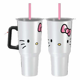 HELLO KITTY FACE 40 OZ STAINLESS STEEL TUMBLER w/ STRAW & HANDLE