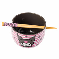 Sanrio Kuromi Smiling Face Pink Stripes 20oz Ceramic Ramen Bowl with Chopsticks