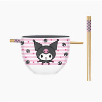 Sanrio Kuromi Smiling Face Pink Stripes 20oz Ceramic Ramen Bowl with Chopsticks